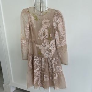 Valentino Blush Pink Sheer Floral Silk Dress with Long Sleeves Size 6